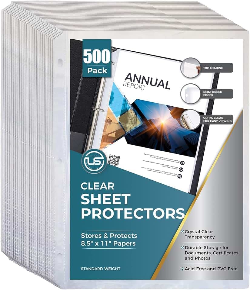 Sheet Protectors, 500 Count Bulk Clear Page Protectors for 3 Ring Binder, Top Loading Plastic Sleeves 8.5 x 11 inch