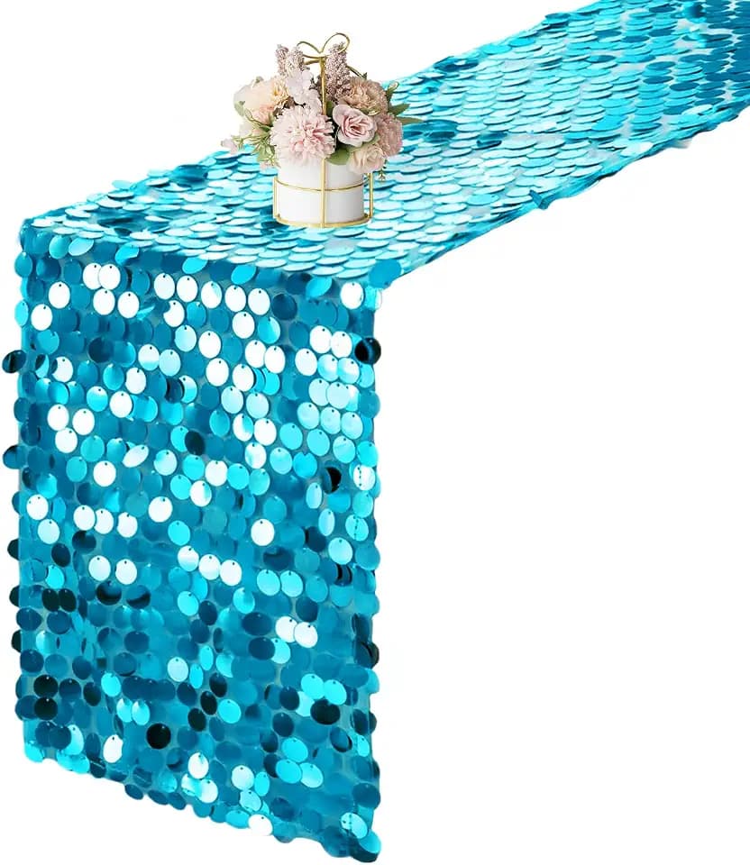 12 x 108 Inch Turquoise Sequin Table Runner Glitter Rectangle Big Sequin Table Runner for Wedding Party Birthday Christmas Halloween Decoration (1 Pack)
