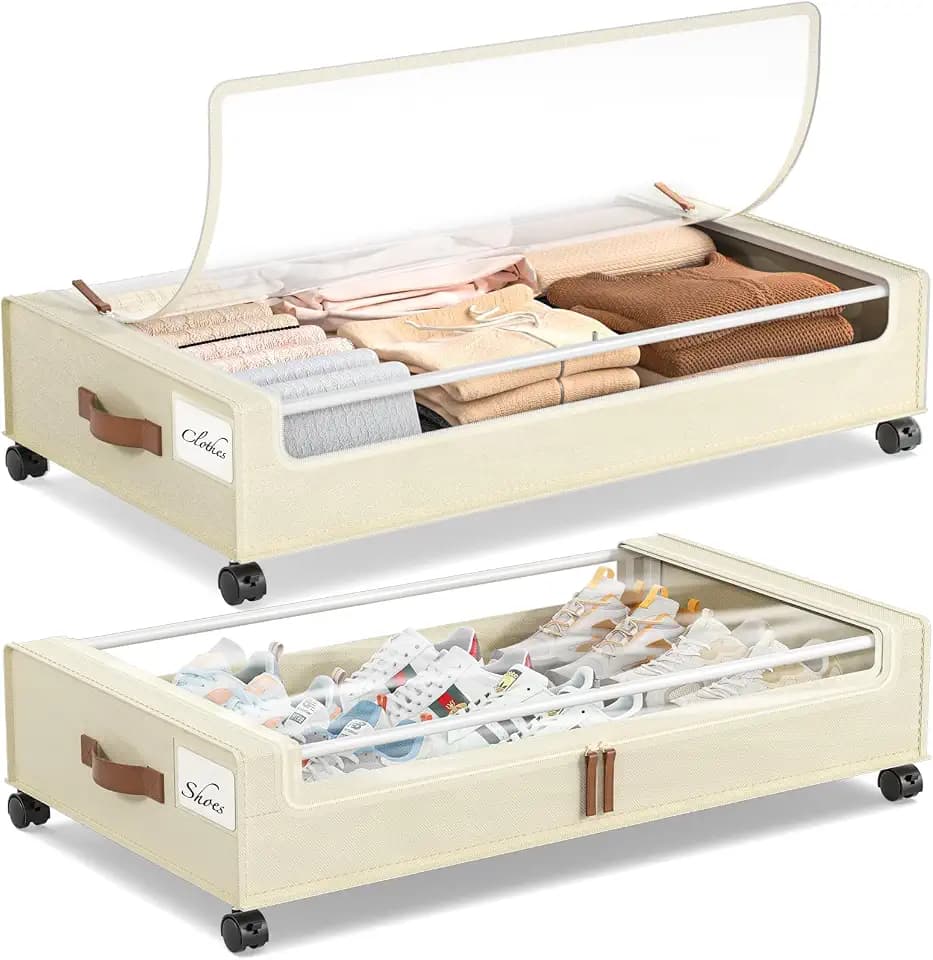 Yecaye 60L Under Bed Storage Containers with Wheels, 2 Pack Under Bed Storage Containers, Underbed Shoe Storage with Clear Window & Label, Rolling Under Bed Metal Drawer for Shoes, Clothes, Beige