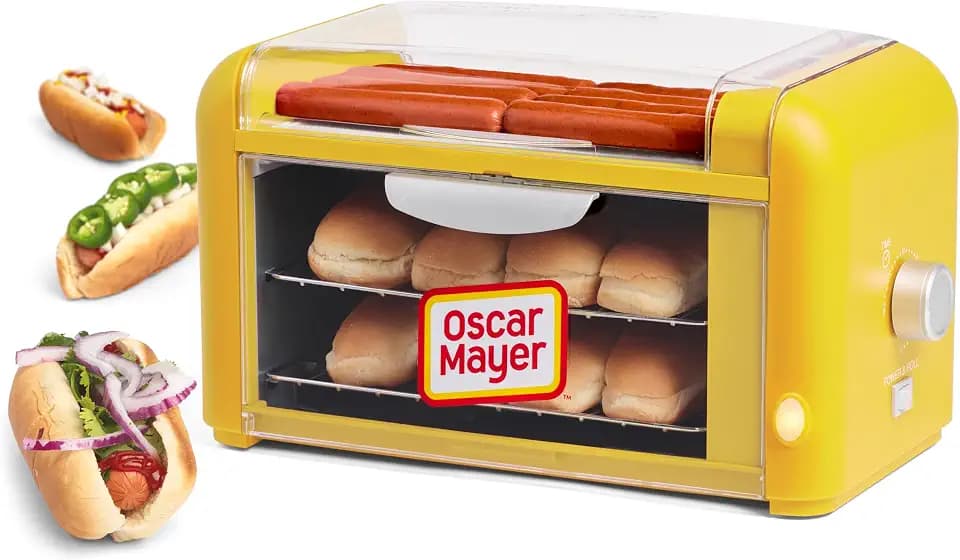 Nostalgia Oscar Mayer Extra Large 8 Hot Dog Roller & Bun Toaster Oven - Stainless Steel Grill Rollers for Veggie Sausages & Brats - Multi-Use Warming Oven with Adjustable Timer for Parties - Yellow