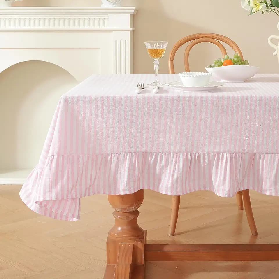 meioro Striped Ruffled Tablecloth Square Spring Cotton Blend Stripe Table Cloth with Tassel, Farmhouse Washable Wrinkle Free Heavy Table Cover for Valentines Day Outdoor Picnic Party, Pink, 55''x55''
