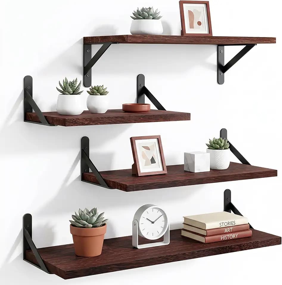 YGEOMER 4 Different Sizes Floating Shelves for Wall Decor, Walnut Red Brown