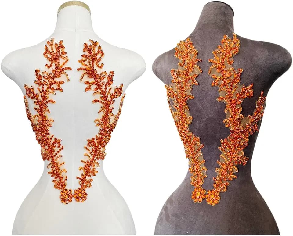 Handmade Beaded Crystal Patches with Rhinestone Applique Designs for Prom Formal Dress 1pair/Bag (Orange)