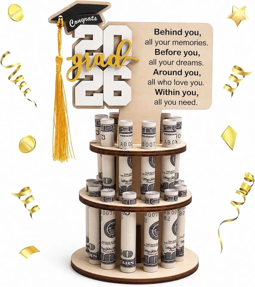Graduation Money Holder 2026, Class of 2026 Money Holder Cards for Graduation Gift, Unique Grad Money Gift Ideas for Her or Him, 2 Tier Wood Cash Display Stand for Tabletop Party Decor