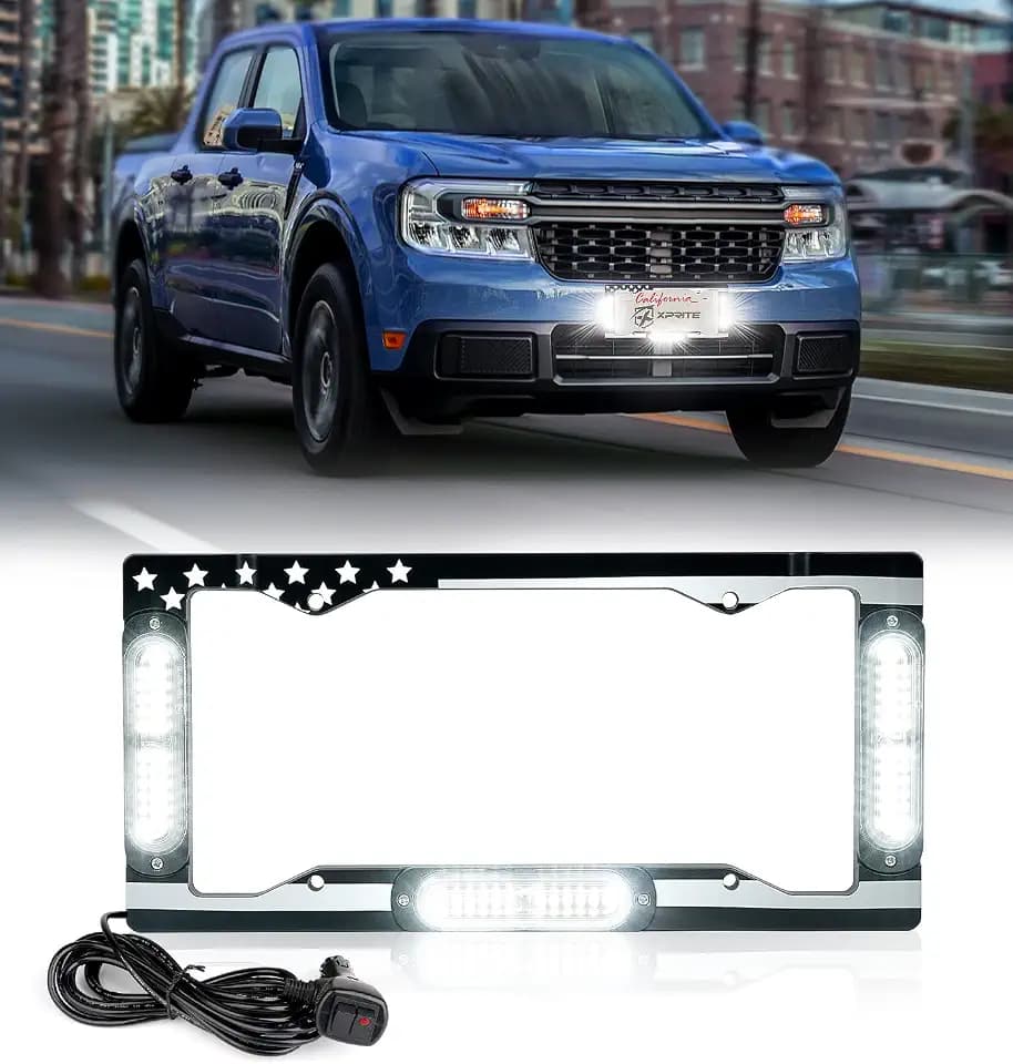 Xprite 36 LED License Plate Strobe Light, US Flag Front/Rear Utility Lights, 22 Modes Caution Frame for Construction Towing Snow Plow Pickup Work Trucks Cars - White (w/Pre-Installed 9FT Cable)