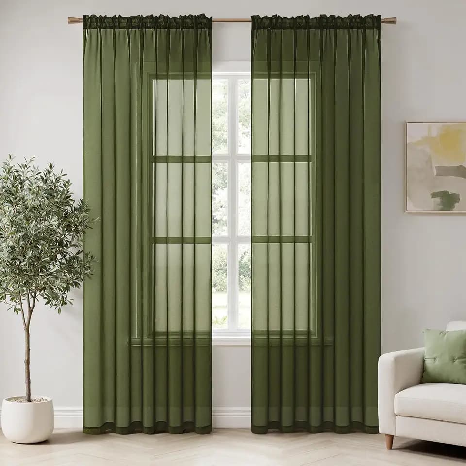 MIULEE Olive Green Sheer Curtains 54 X 90 Inches, 2 Panels