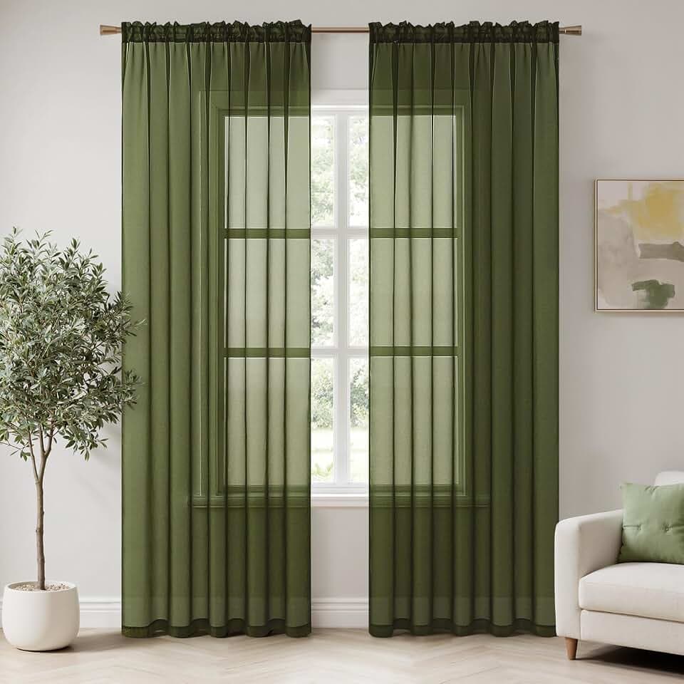 MIULEE Olive Green Sheer Curtains 54 X 84 Inches, 2 Panels