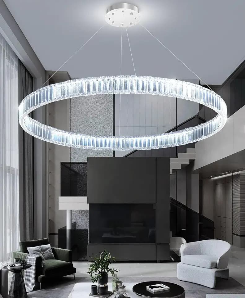 40'' Modern Ring Chandelier Crystal Chandeliers for Dining Room Round LED Dimmable Ceiling Light Fixture for Living Room Bedroom Lighting Silver