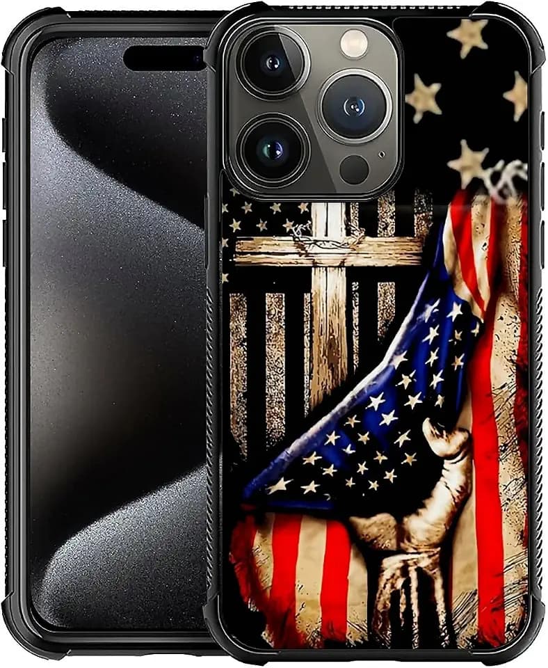 DAIZAG Compatible with iPhone 16 Pro Case,All-Round Protection Shockproof Anti-Scratches TPU Cover,Cases for Man Woman-Wooden Cross Power American Flag