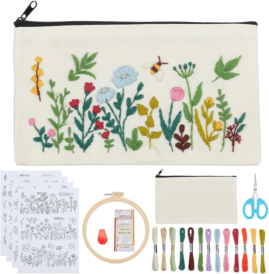 WEBEEDY 3 Sets Complete Flower-Themed Embroidery Makeup Pouch Kit DIY Bag Sewing Set with Floral Water-Soluble Patterns, Embroidery Hoop, Thread, for Beginners Women Birthday Gift,4.72 * 8.07INCH