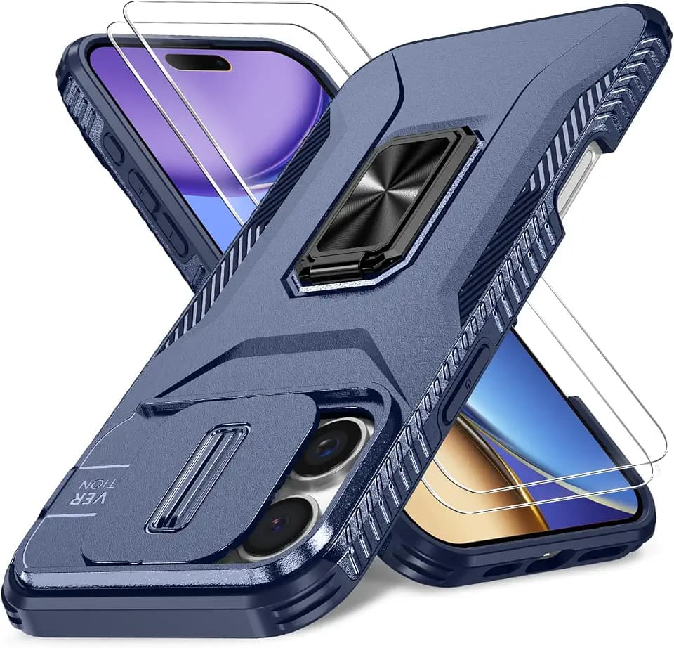 Case for iPhone 15 Pro Max with Slide Camera Cover+Screen Protector(2 Packs), Military Grade Shockproof Protective Cover, Rotated Ring Kickstand(A - Blue)