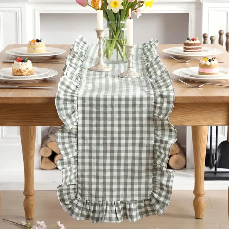 Tegeme Sage Green Gingham Ruffled Table Runner 12 x 72 in Plaid Farmhouse