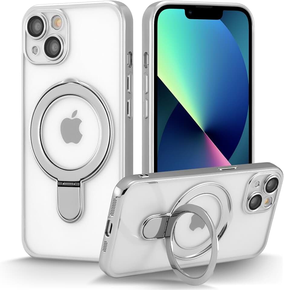 ZCDAYE Magnetische Hülle für iPhone 15 Plus mit unsichtbarem Ständer, Transparente Handyhülle Kompatibel mit Magsafe Kameraschutz Plating Klar Frauen Mann Hüllen für iPhone 15 Plus, Silber