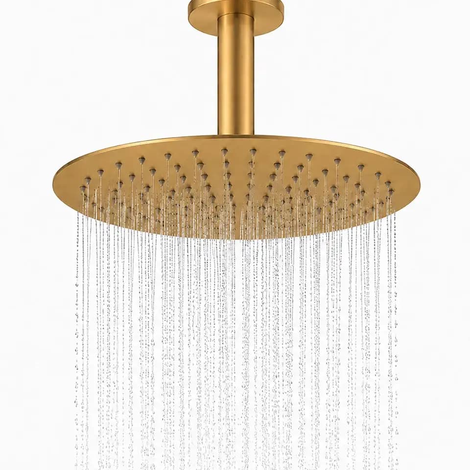 Rainfall Shower head, 12 Inch Round Shower Head, Wall or Ceiling Mounted Ultra Thin Stainless Steel High Pressure Shower Head with Touch-Clean Nozzles, Brushed Brass Gold