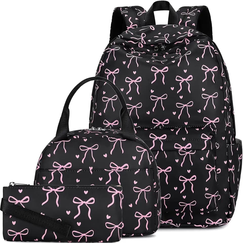 School Backpack Girls Pink Bow Bookbag Lunch Box Set Age 8-14 Elementary Middle School Coquette Mochilas Para Niñas, Bow Tie-Pink