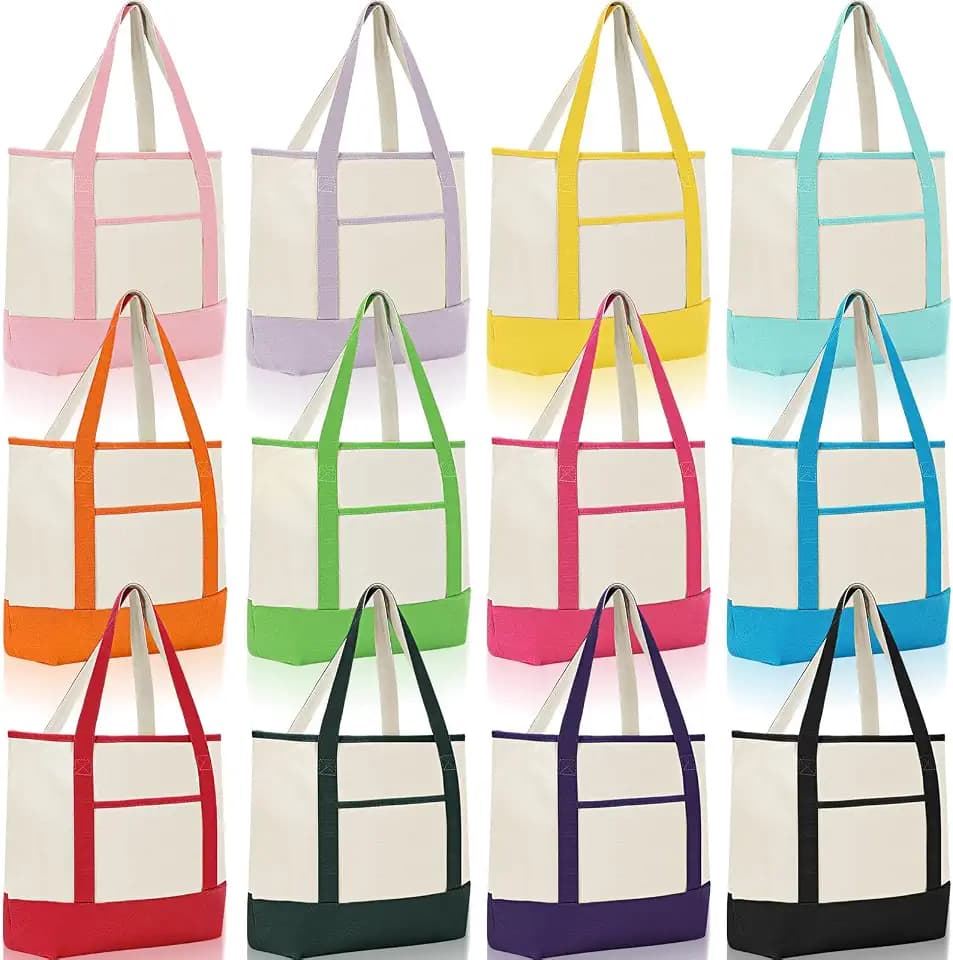 Sanwuta 12 Pack Canvas Tote Bags Bulk with Outer Pockets, Bright Color