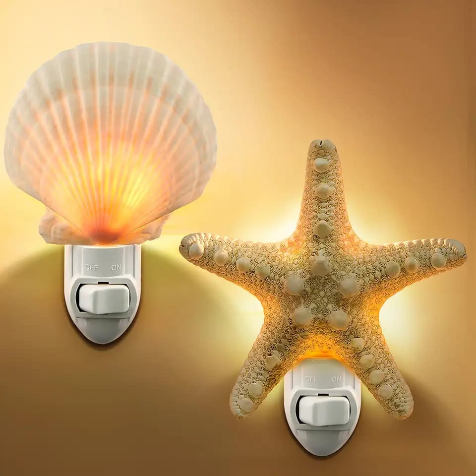 Hortsun 2 Piece Seashell Night Light Seashells and Sea Animal Plug in Night Light Beach Theme Bathroom Decor for Bedroom Bathroom Kitchen Home Decor