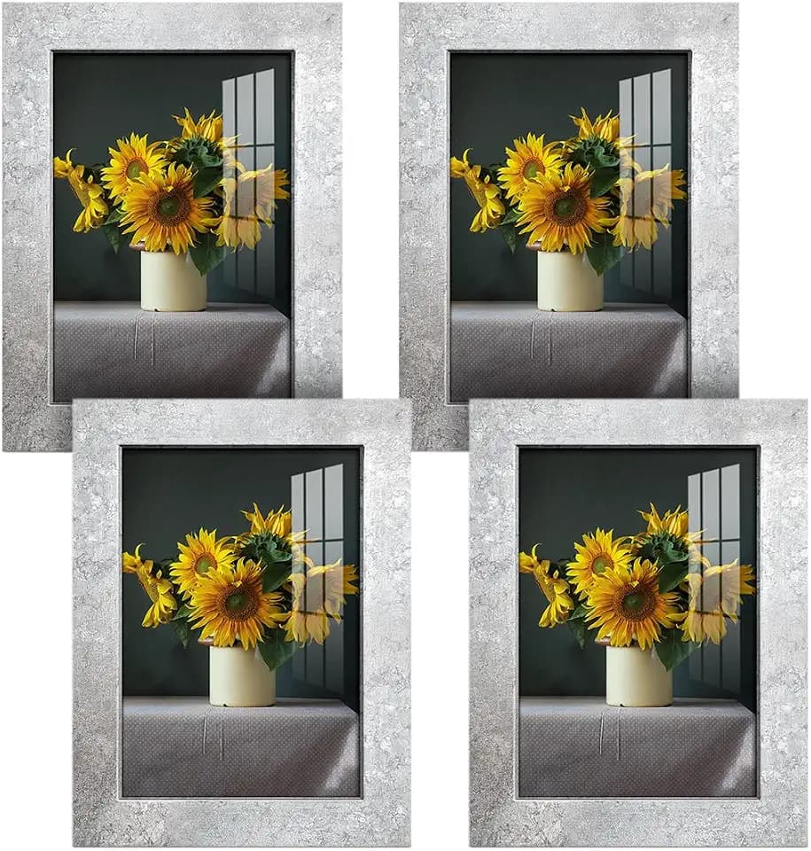 Renditions Gallery 4 Pcs of 5"x7" inch Solid Wood Picture Frame, High Definition Glass and High-end Modern Style for Wall and Tabletop Photo Display, Distressed Silver Wood Grain Frame GAL084