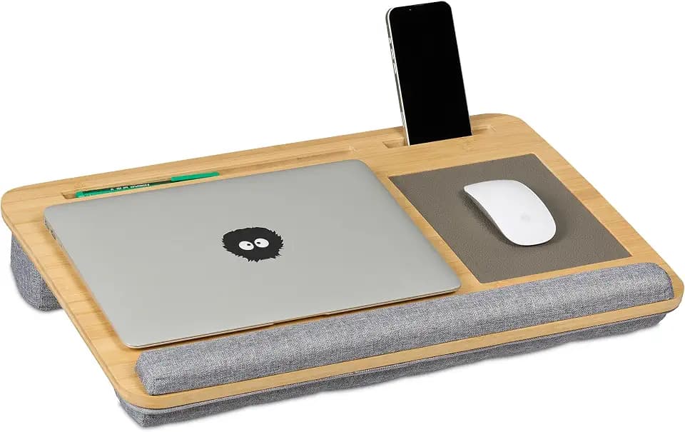 Relaxdays Laptopkissen, Bambus, Handgelenkauflage, Mauspad, HBT 10x55,5x36 cm, Laptopablage, Laptopunterlage, Natur/grau
