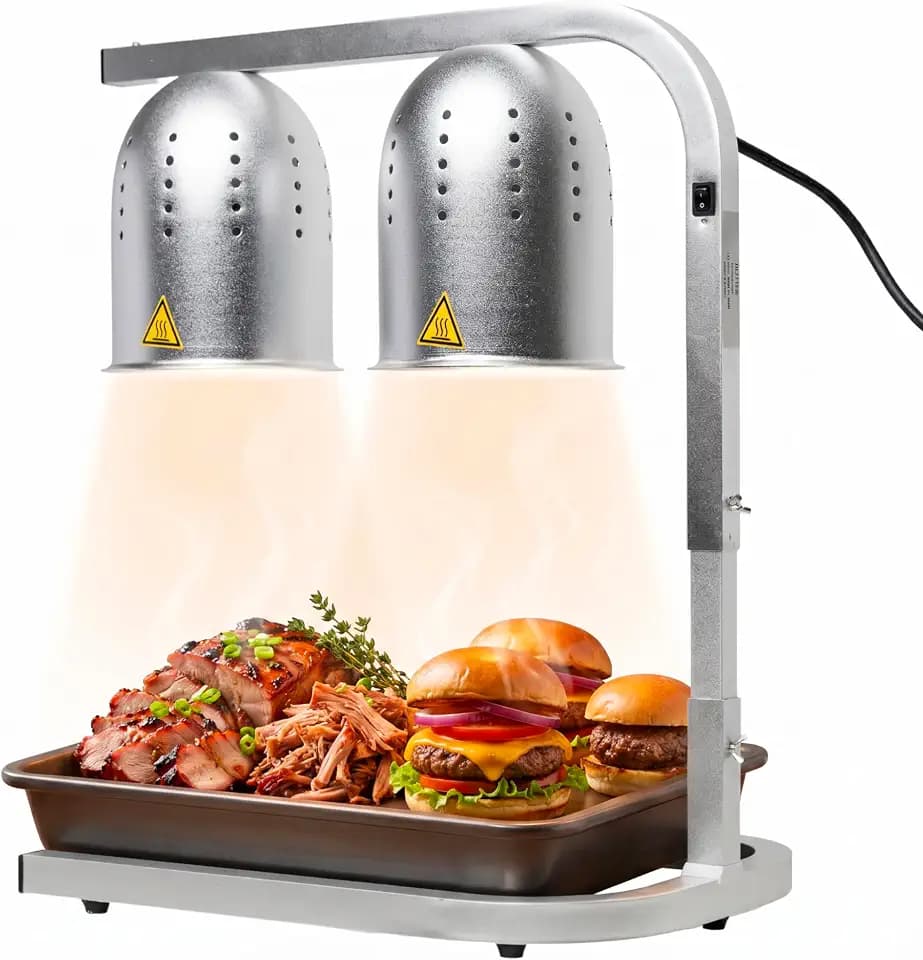 SYBO Commercial Grade Food Heat Lamp, Electric 2-Bulb Heating Lamp Warmer for Food with Adjustable Stand, 500W, Silver