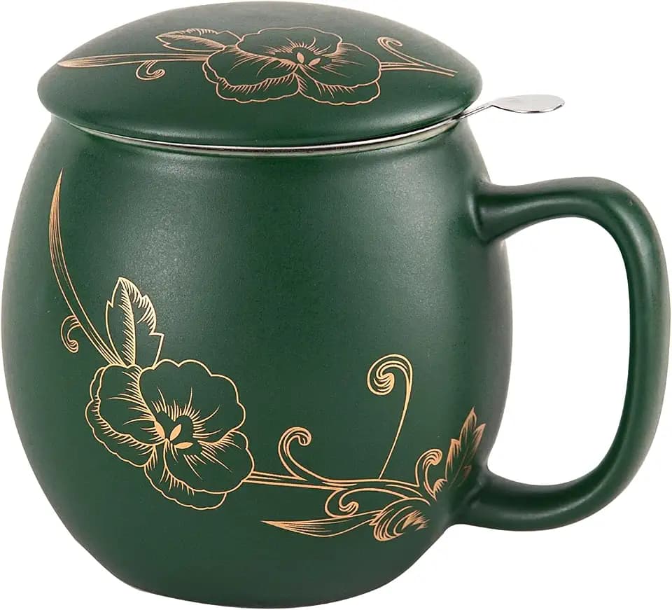 Yundu 12 OZ Ceramic Mug with Lid & Tea Strainer - Matte Green Tea Cup with Golden Flower, Stainless Steel Infuser for Loose Leaf Tea