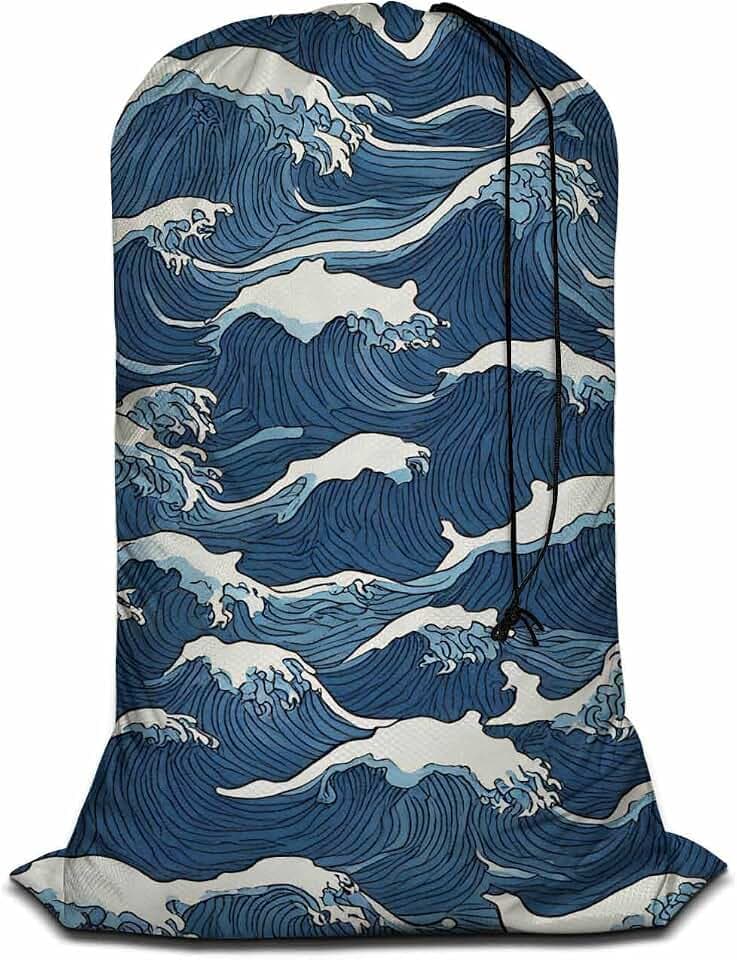 Swono Wave Large Collapsible Laundry Bag - Surf Sea Cartoon Blue White Foldable Hamper, Football Grid Oxford Cloth, Holds 4 Loads, Ocean Theme