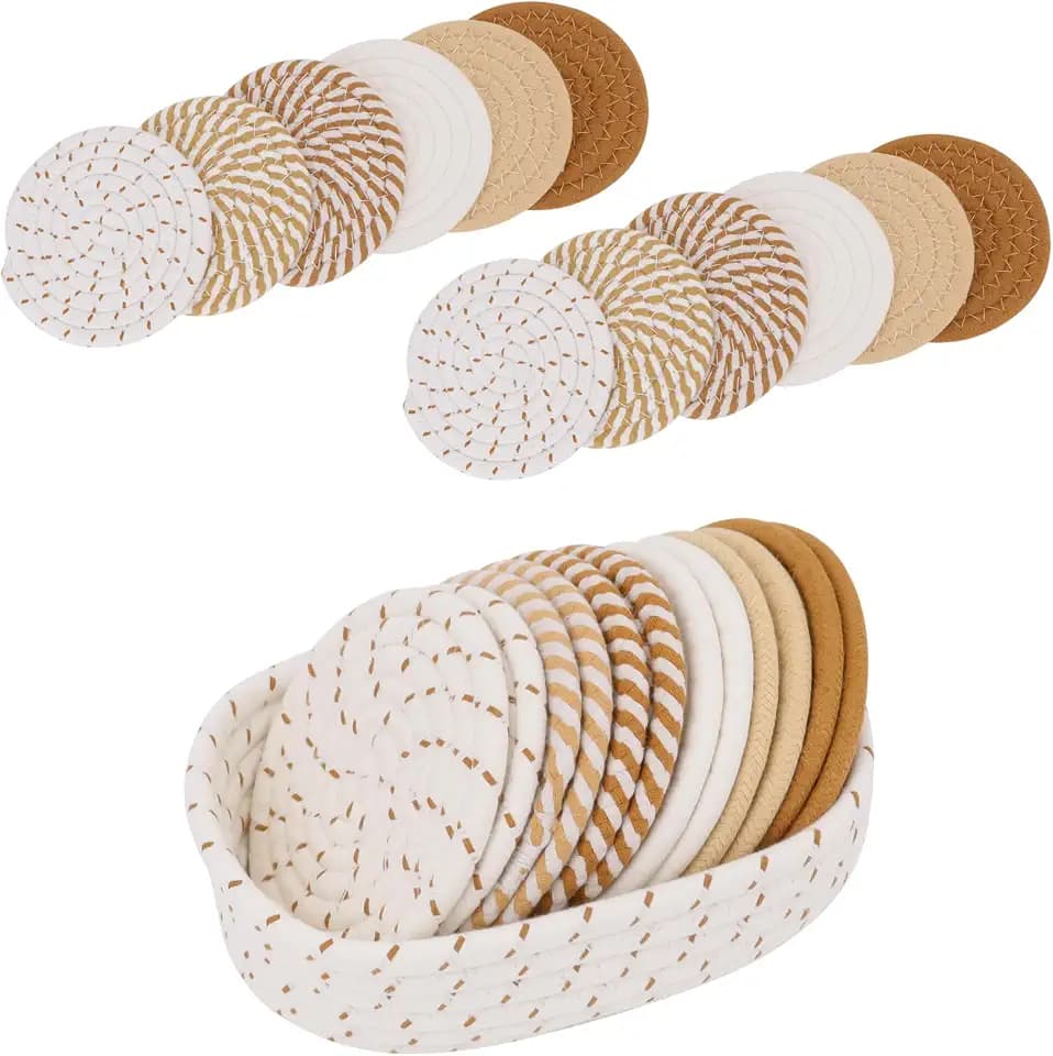 Coasters Set of 12 with Holder, Cotton Woven Absorbent Coasters for Drinks Beer Coffee, Boho Coaster for Home Decor Tabletop Protection, Suitable for Kinds of Cups, 6 Colors, 4.3 Inches