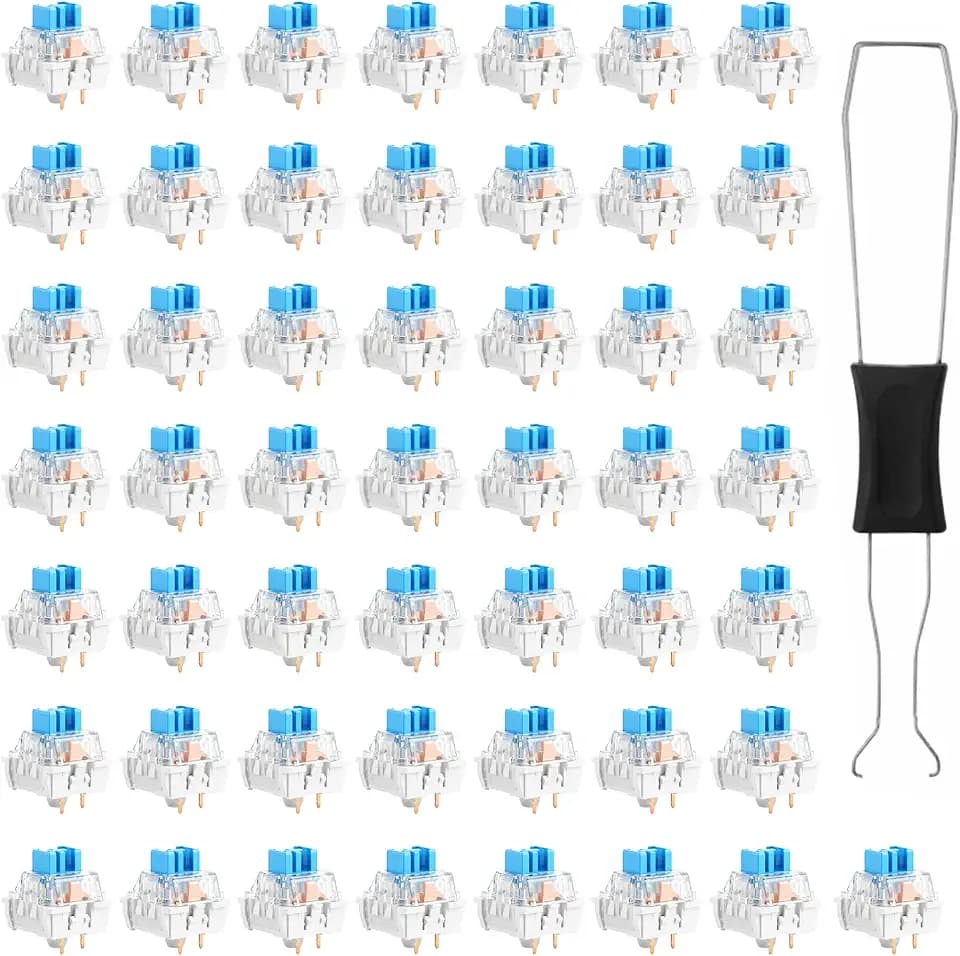 50 PCS Blue Mechanical Keyboard Switches, 3 Pin Blue Clicky Switches with Switch Puller Waterproof Keyboard Clicker Keys Replacement for Gaming Keyboards