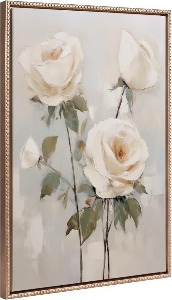 Kate and Laurel Sylvie Beaded Soft White Roses Vintage Framed Canvas Wall Art by The Creative Bunch Studio; 23x33 Gold; Delicate Flower Art for Wall