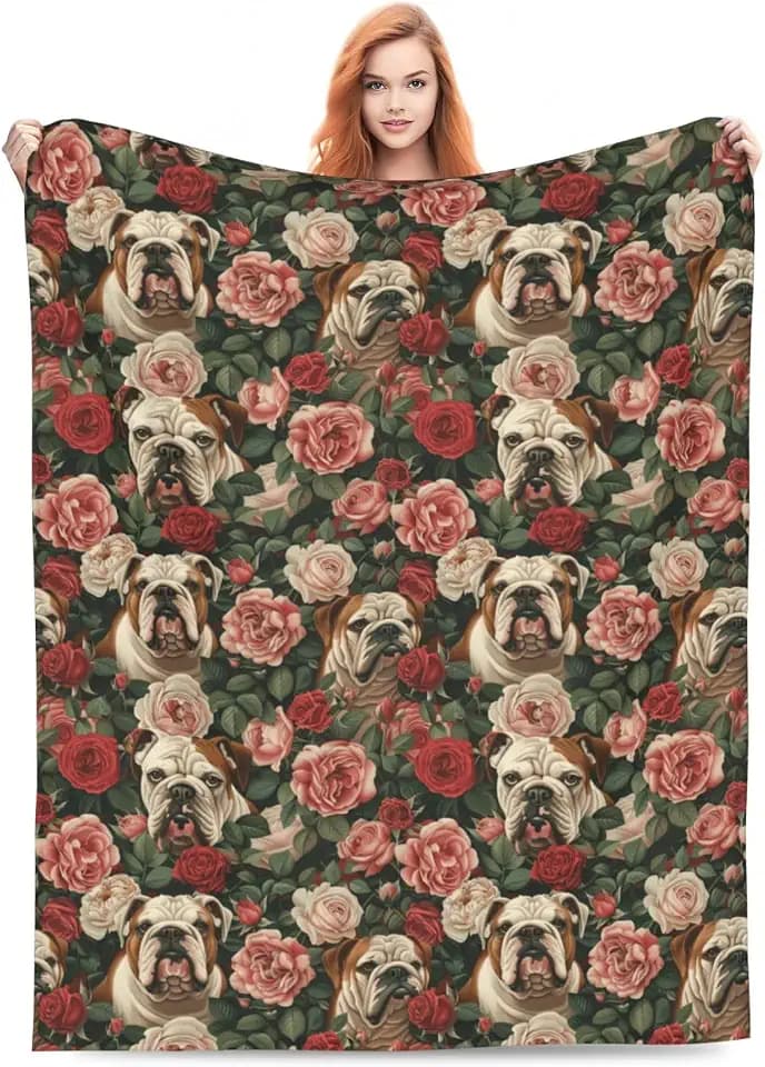 English Bulldog Blanket for Kids Women Adults, Floral Dog Lover Throw Blankets, Soft Lightweight Fleece for Bed Sofa Home Living Room Decor, Birthday Gifts, 50x60in