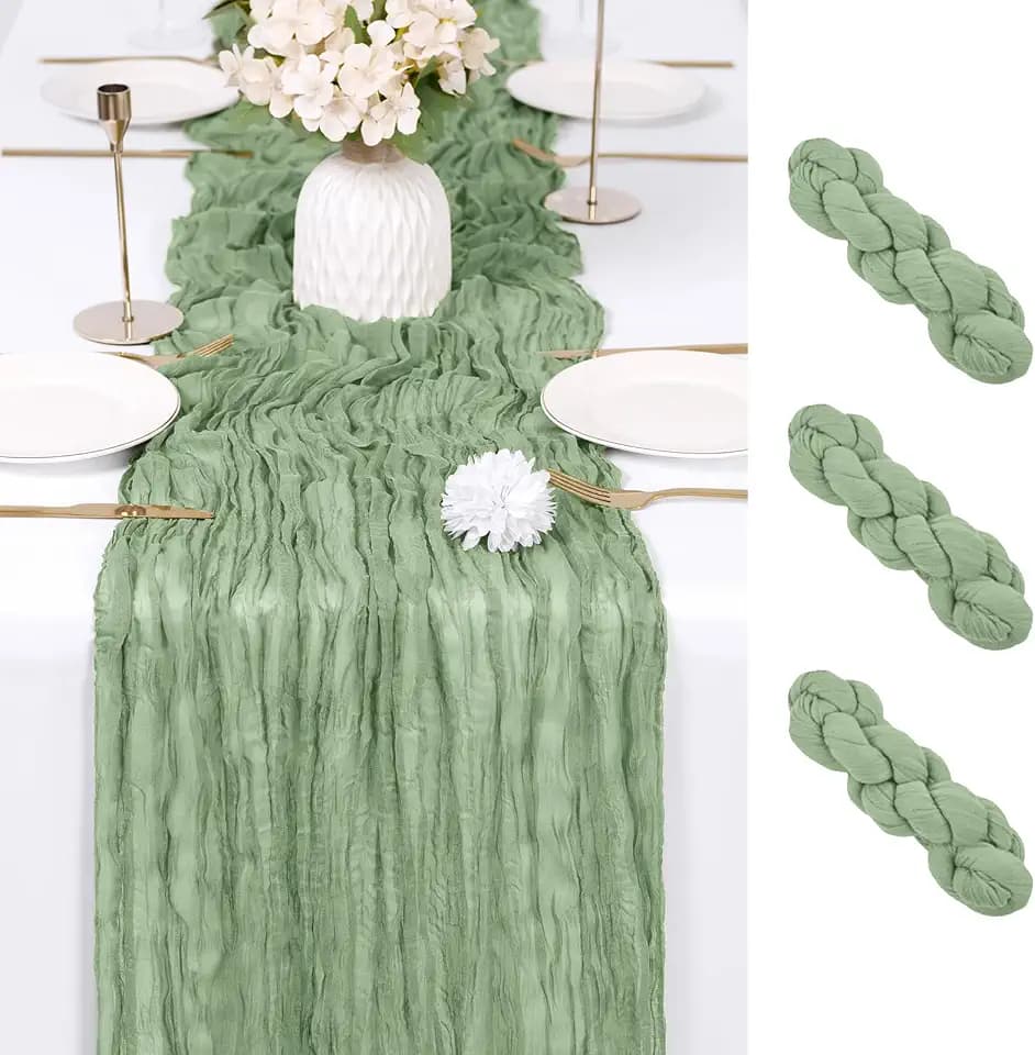 3 Pack Sage Green Cheesecloth Table Runner 17x108 Inch Semi Sheer Boho Gauze Cheese Cloth Fabric Table Runners Table Decor for Wedding Party Baby Shower Birthday Home Decor Garden Farmhouse
