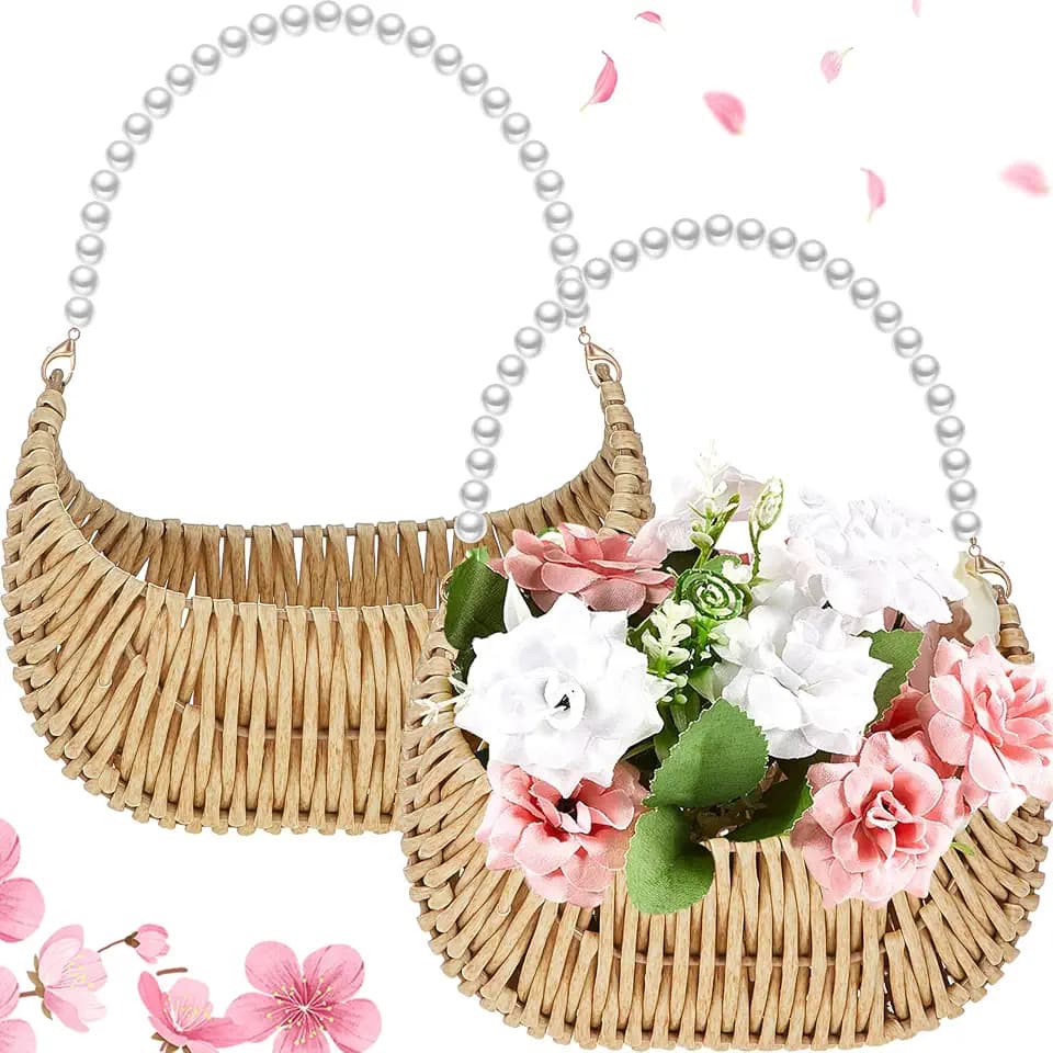 Taiyin 2 Pcs Flower Girl Basket Pearl Handle 7x5x4'' Wicker,Light Brown