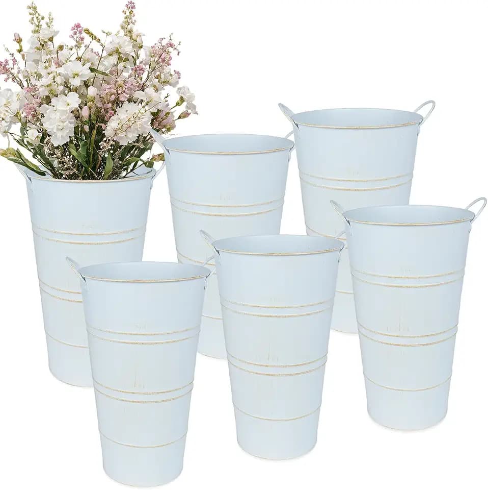 12 Inch Galvanized Metal Vase, 6 Pack Tall Flower Buckets with Handles