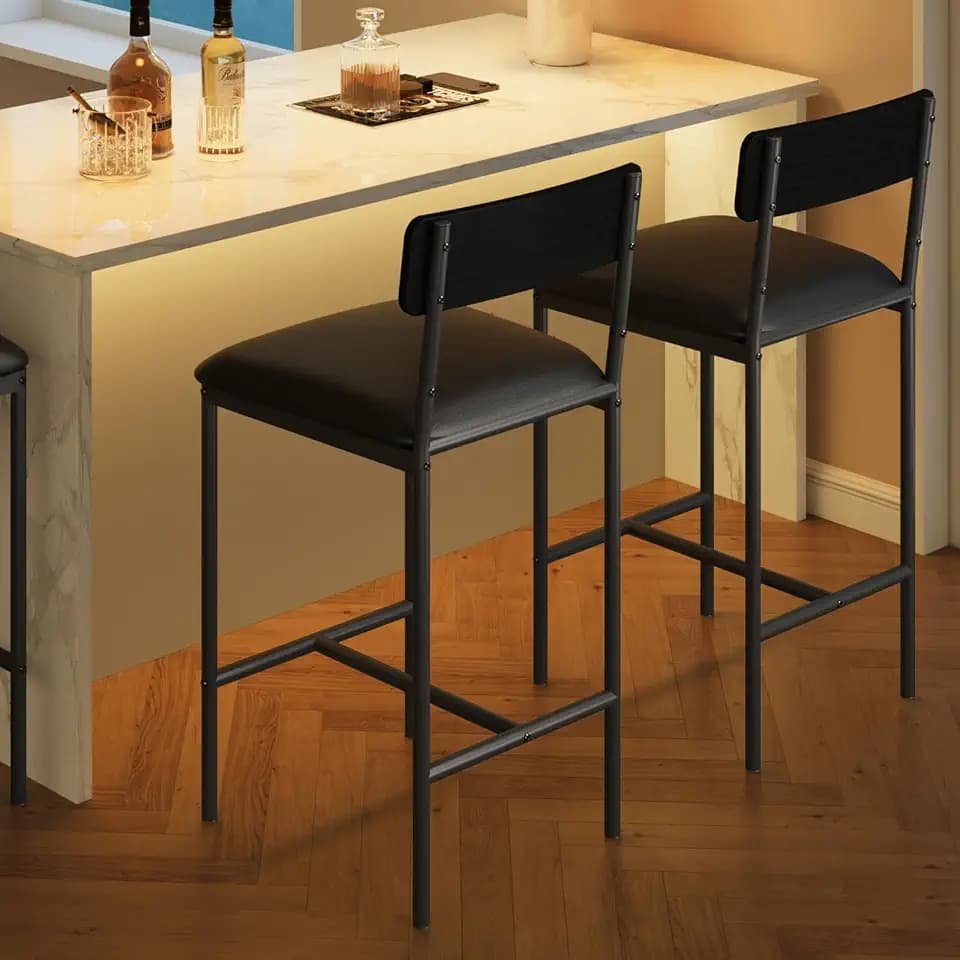 IDEALHOUSE Bar Stools Set of 2, Kitchen Bar Stools with Footrest, 25.5 Inches Upholstered Bar Chairs with Back, 2 Counter Height Barstools for Counter Bar, Island, Easy Assembly, Rustic Black