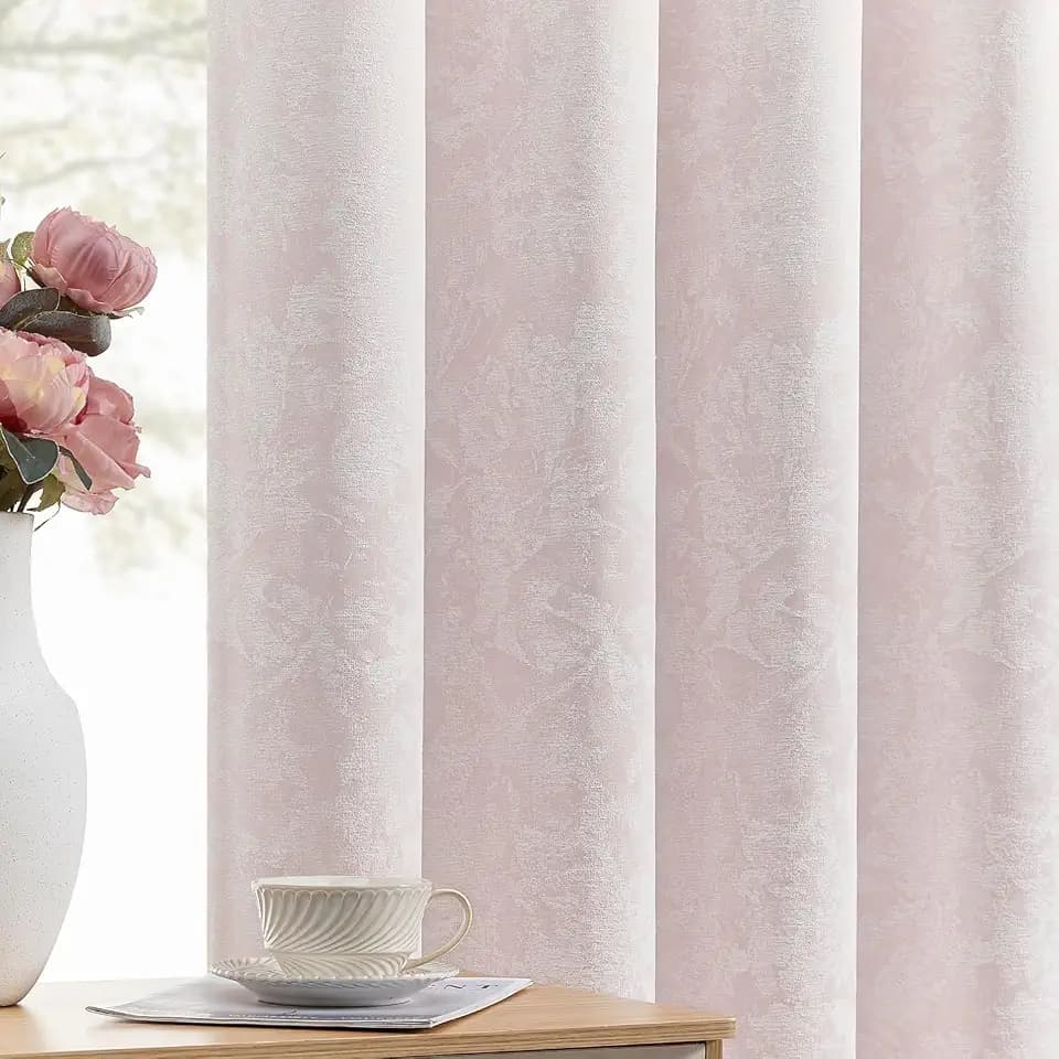 Beauoop Pink Floral Jacquard Blackout Curtains for Bedroom 52x120 2 Panels