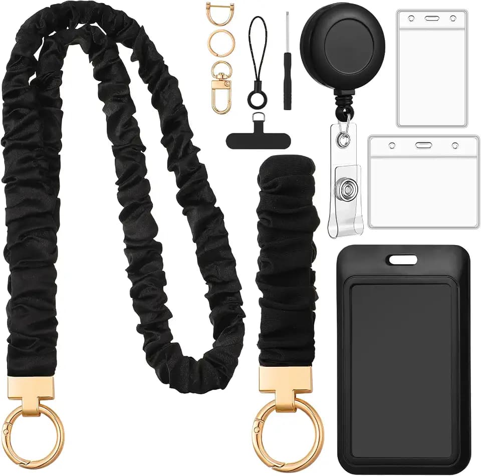 6 in 1 Set Scrunchies Lanyards for Id Badges, Long and Short Stretchy Lanyard with ID Badges Holders for Women Teacher Nurse