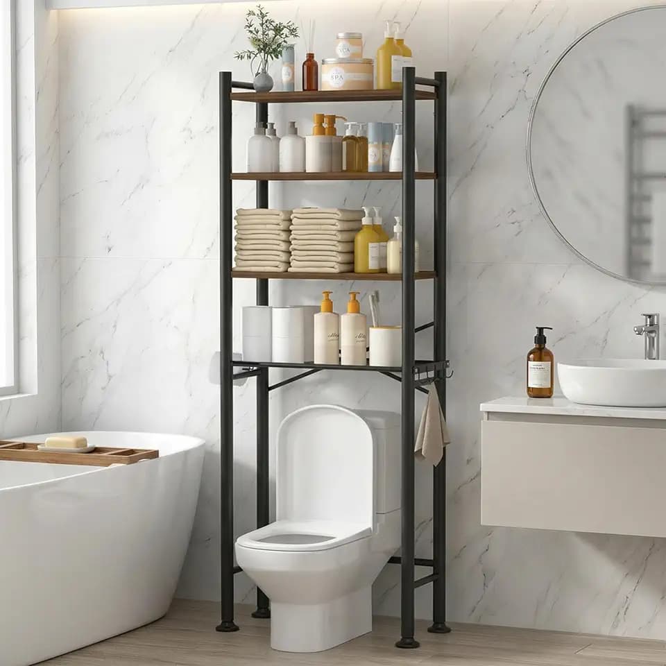 GloTika 4-Tier Over Toilet Storage, Anti-Tilt, 69.3" H, Brown