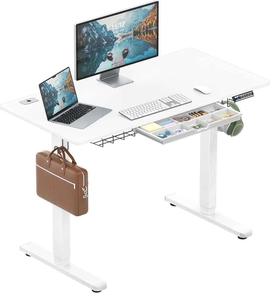 SHW 48-Inch Electric Height Adjustable Standing Desk w/Drawer, White