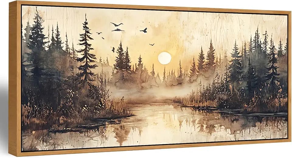Large Floating Framed Forest Landscape Canvas Wall Art 24x48 in