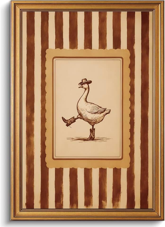 XJYISUO Vintage Gold Framed Wall Art Cowboy Goose Wall Decor Nursery Canvas Art Silly Goose Pictures Modern Paintings Funny Duck Artwork For Living Room Bedroom Kitchen