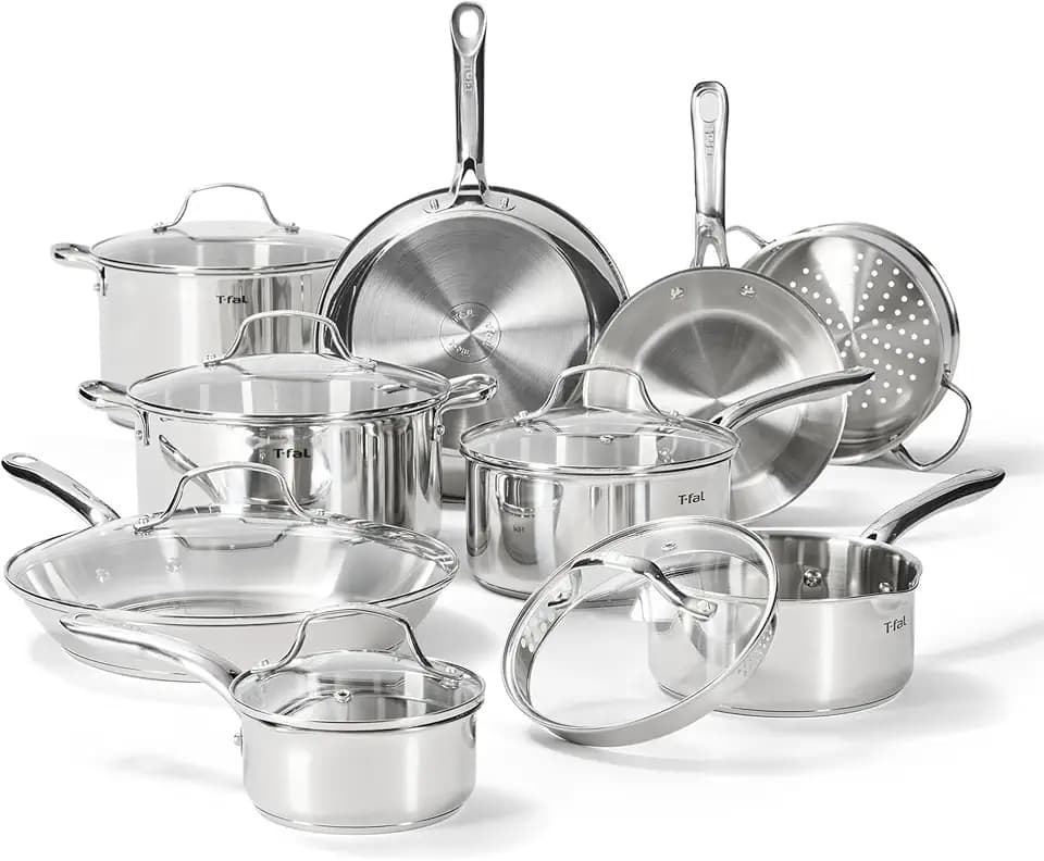 T-fal Gourmet 15-Piece Stainless Steel Pots and Pans Set, Induction Compatible