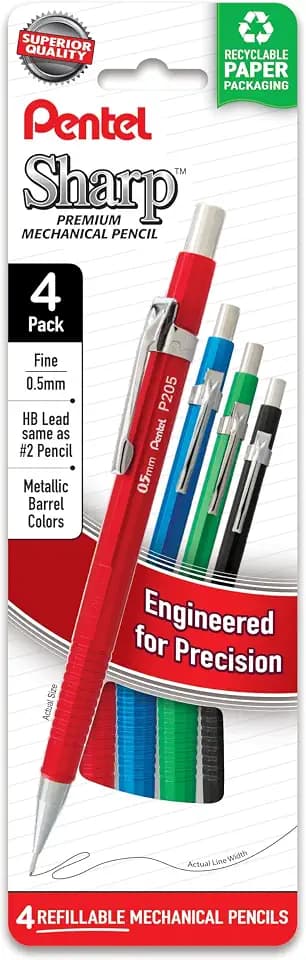 Pentel Sharp Metallic Mechanical Pencil, (0.5mm), Fine Line, Assorted Colored Barrels, Pack of 4 (P205MPF4M)