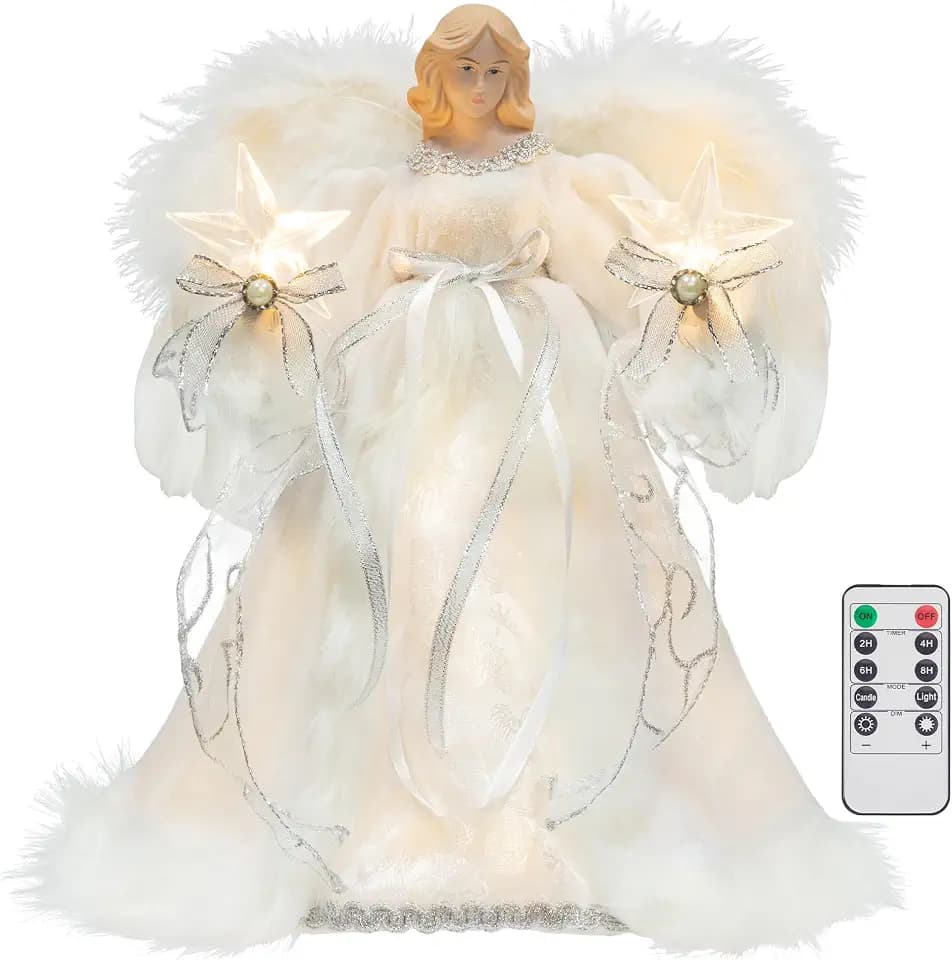 KI Store Lighted Christmas Angel Tree Topper with Timer 12-Inch White Angel Treetop Figurine for Christmas Tree Decoration