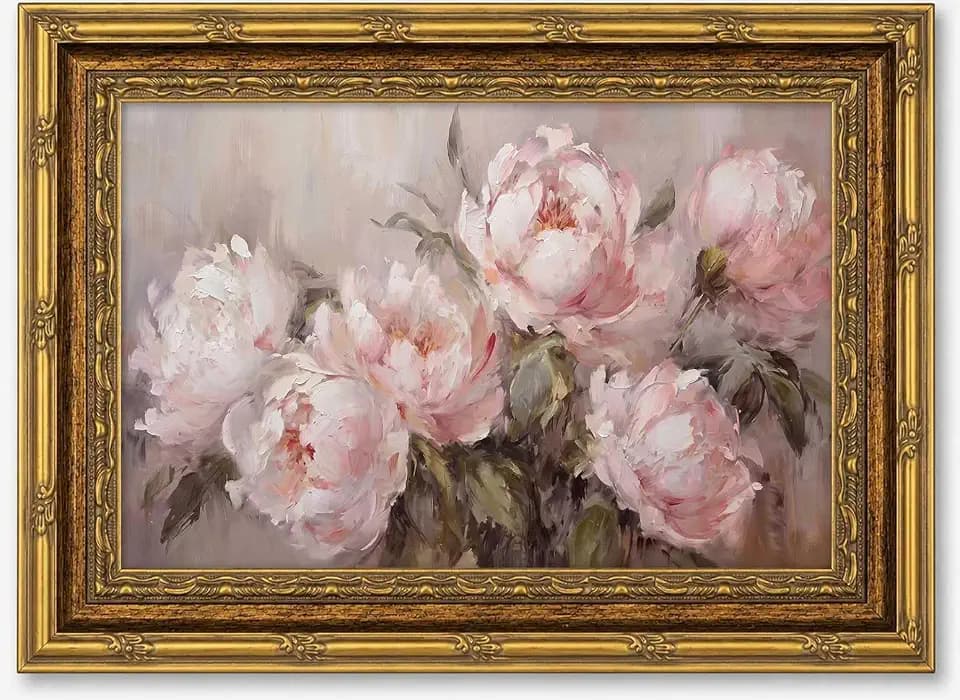 Vintage Gold Framed Pink Flower Canvas Wall Art 12x16in