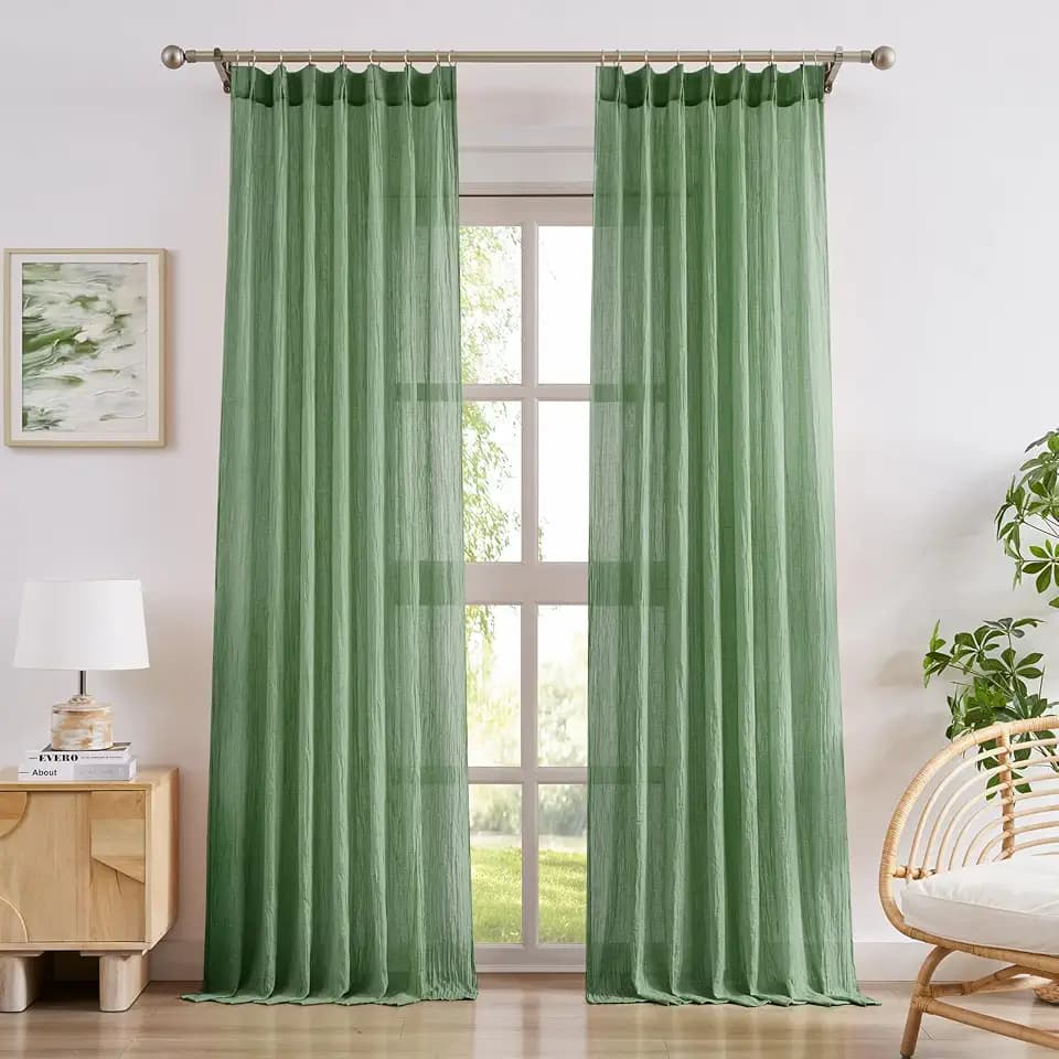 Melodieux Green Curtains for Living Room, Back Tab Light Filtering Sheer Curtain Drapes for Bedroom, Pinch Pleated Cotton Window Curtains 84 Inch Length 2 Panels Set, 40x84 Inch, Light Green