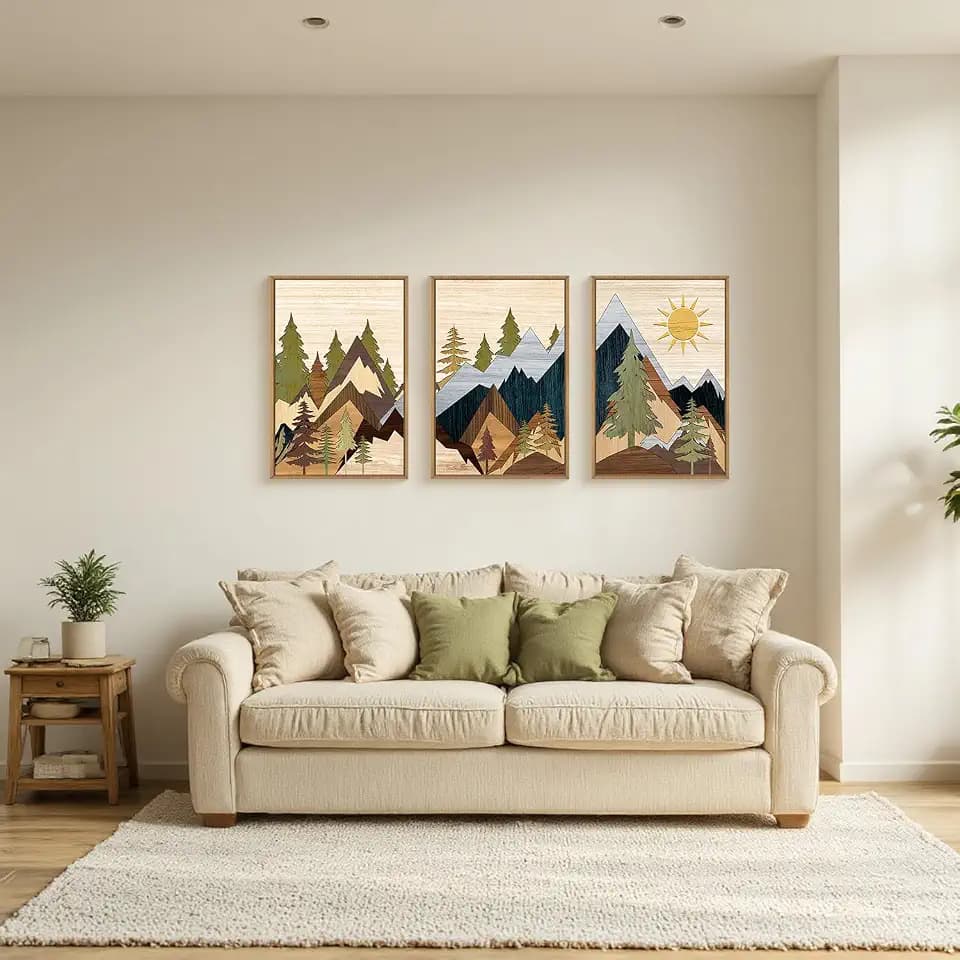 Ausri Boho Mountain Pine Tree Framed Canvas Wall Art Set -24"x36"x3
