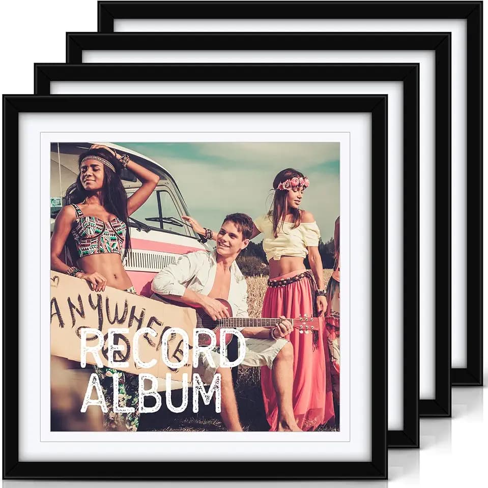 DoubleFill 4 Pack 15x15 Vinyl Record Frame with Double Sided Mats Album Frame Made of Engineered Wood and Clear Acrylic for 12x12 LP Cover Display Vinyl Cover with Hanging Hardware for Wall(White Mat)