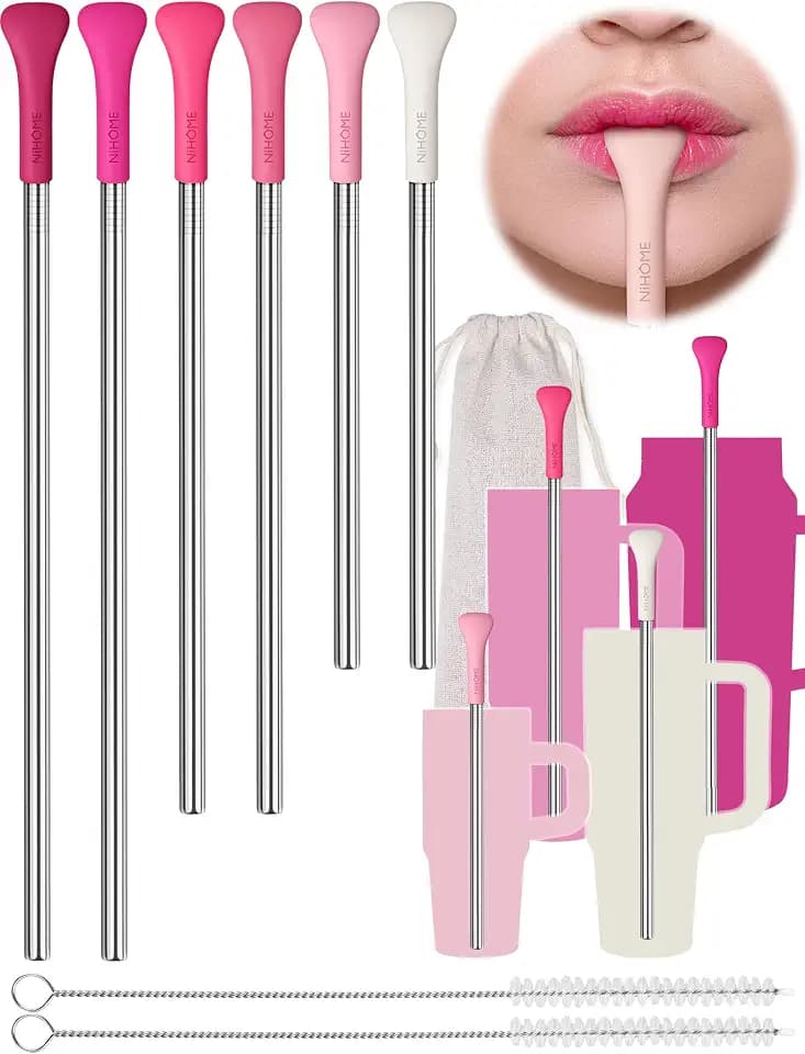 NiHome 6PCS Anti Wrinkle Straws with Silicone Widen Flat Tip Metal Straw