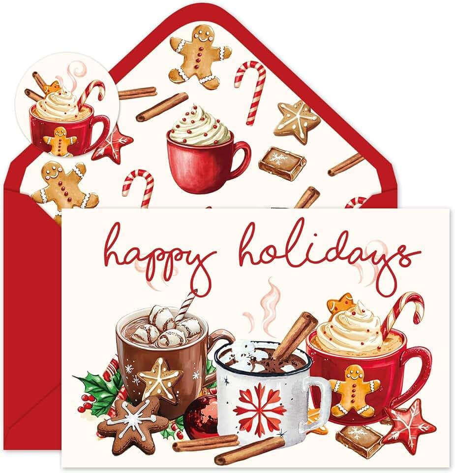 Whaline 24Pcs Christmas Cards with Envelopes Stickers Happy Holiday Cards Thank You Blank Note Card Red Brown Hot Cocoa Greeting Card for Xmas Winter Holiday, 4 x 6 Inch