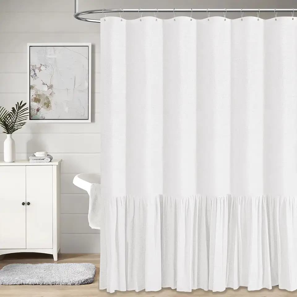 BTTN Extra Long Linen Ruffle Farmhouse Cloth Shower Curtain, 72x84, White